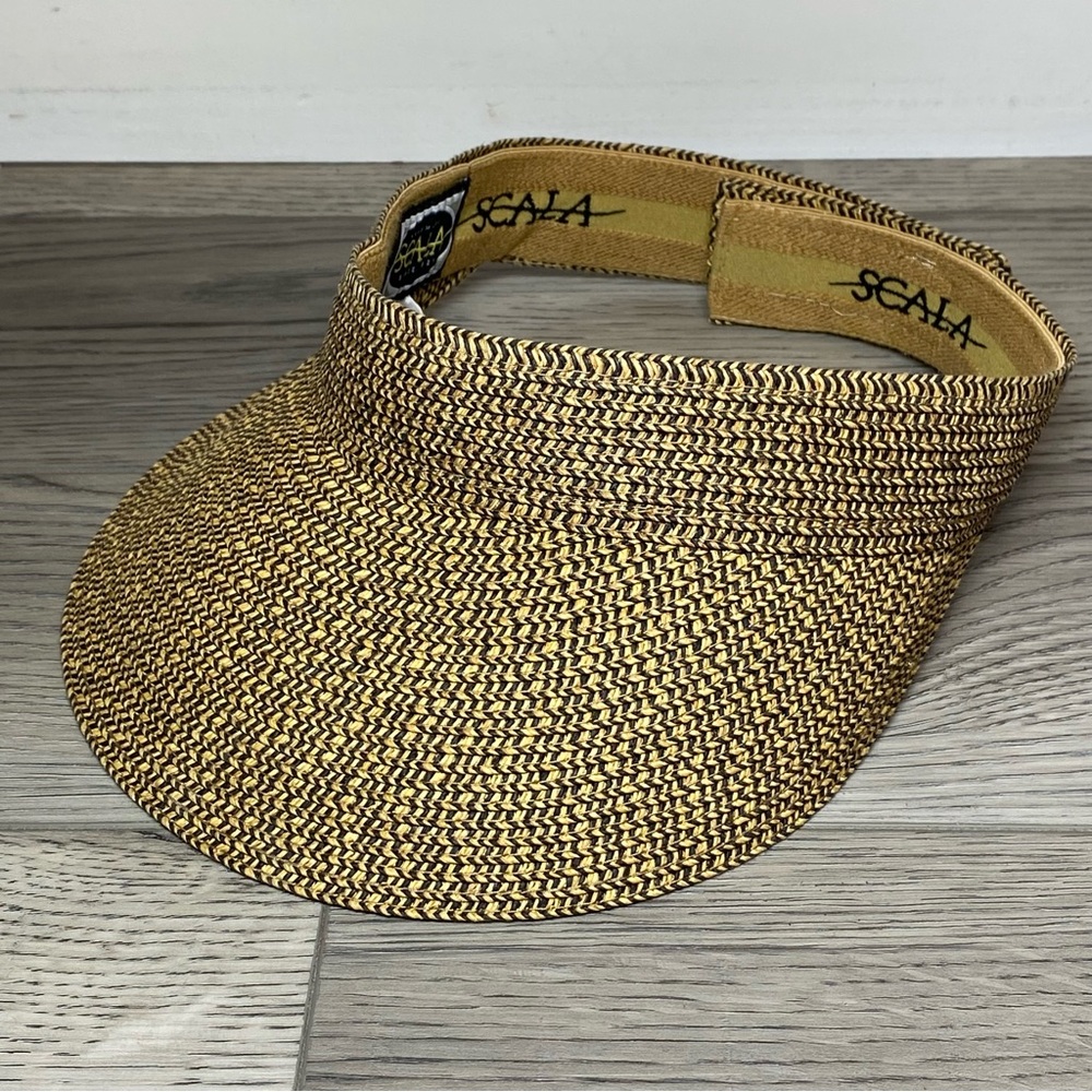 Scala Straw Visor Hat Women’s One Size Adjustable Tan/Black SunHat Golf Beach - Picture 2 of 11